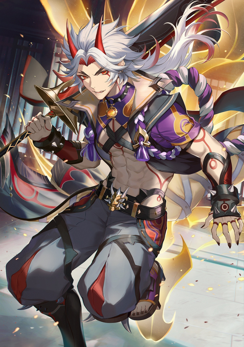 1boy abs arataki_itto darkavey demon_horns fangs genshin_impact highres holding holding_weapon horns long_hair looking_at_viewer open_mouth ponytail red_eyes sandals solo standing sword vision_(genshin_impact) weapon white_hair