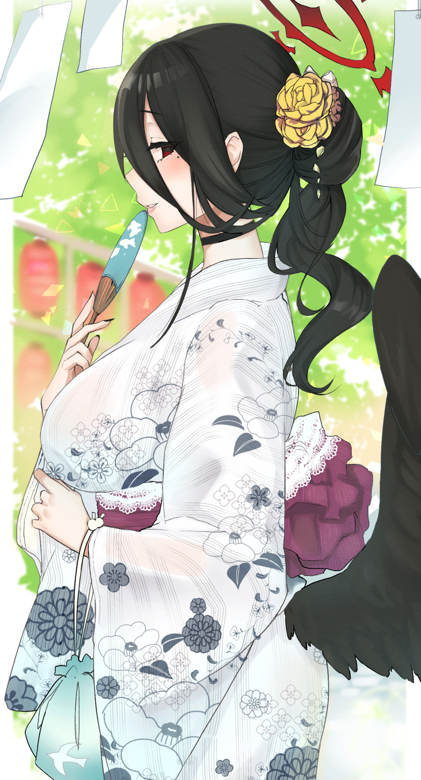 1girl alternate_costume alternate_hairstyle bag bangs black_choker black_hair black_wings blue_archive blush breasts choker commentary_request emirio_(emirio110) floral_print from_side hair_between_eyes hair_ornament hand_fan hasumi_(blue_archive) highres holding holding_fan japanese_clothes kimono lantern large_breasts long_hair long_sleeves looking_at_viewer low_wings mole mole_under_eye obi parted_lips ponytail profile sash see-through solo wide_sleeves wings yukata