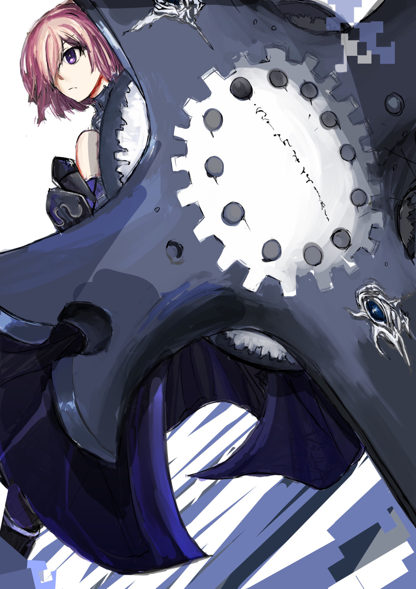 1girl armor bare_shoulders black_armor black_gloves breastplate closed_mouth clouds cloudy_sky commentary_request elbow_gloves eyebrows_visible_through_hair eyes_visible_through_hair fate/grand_order fate_(series) gloves grass hair_over_one_eye highres holding holding_shield holding_weapon light_purple_hair looking_at_viewer mash_kyrielight out_of_frame outdoors pov purple_eyes purple_gloves sabi_tofu shield shielder_(fate/grand_order) short_hair two-tone_gloves weapon