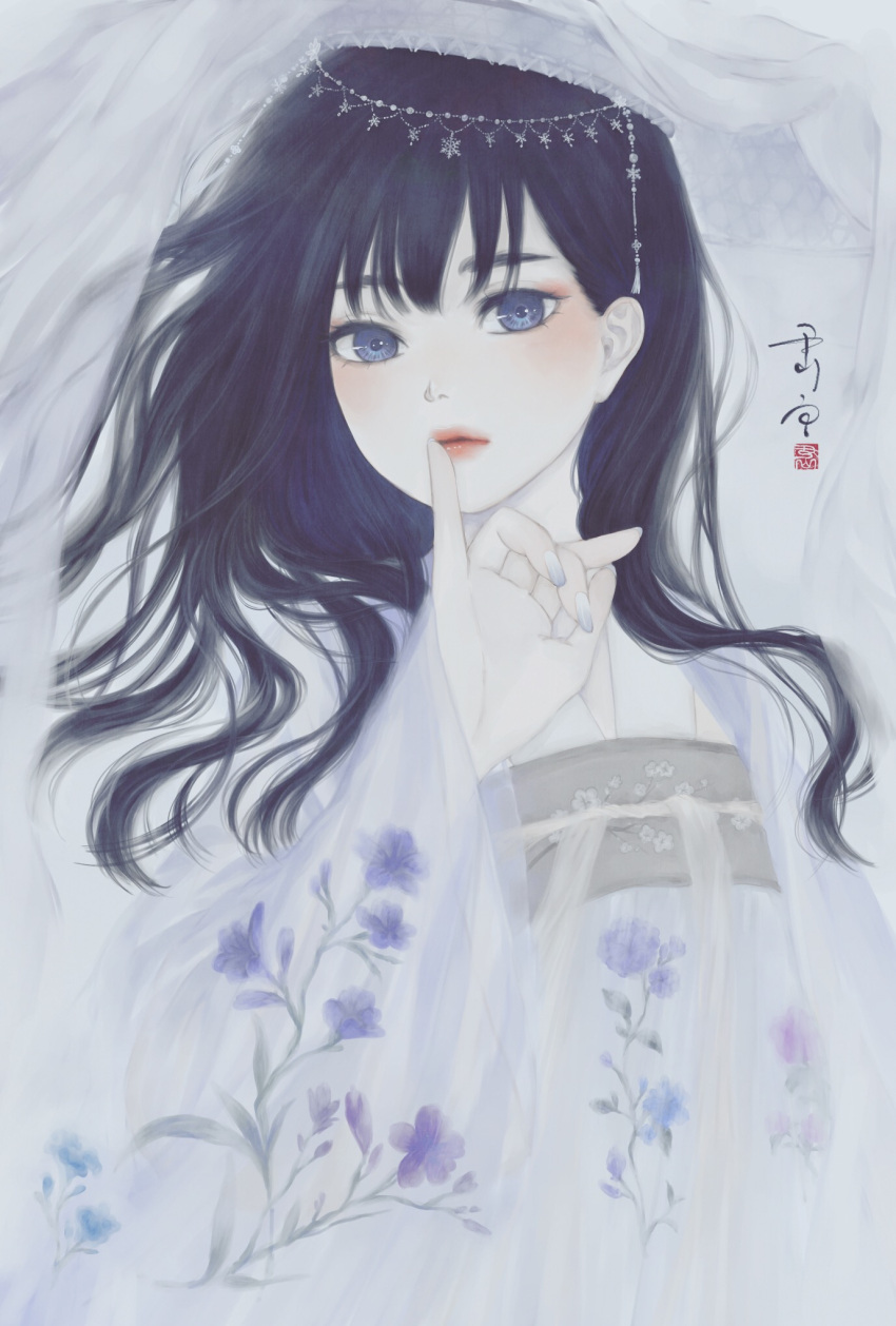 1girl bangs blue_eyes blue_flower blue_hair chinese_clothes closed_mouth commentary_request finger_to_mouth floral_print flower flower_request hand_up hanfu highres light_blush long_hair long_sleeves looking_at_viewer medibang_paint_(medium) nail_polish original purple_flower seal_impression signature solo standing upper_body ushiyama_ame wavy_hair white_headwear white_nails wide_sleeves