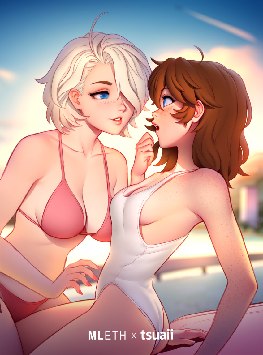 2girls audi_(tsuaii) bangs bikini blue_eyes blurry blurry_background breasts brooke_(mathias_leth) brown_hair collaboration english_commentary freckles hair_over_one_eye highres long_hair looking_at_another mathias_leth medium_breasts multiple_girls one-piece_swimsuit original outdoors parted_lips platinum_blonde_hair red_bikini swimsuit tsuaii white_swimsuit yuri