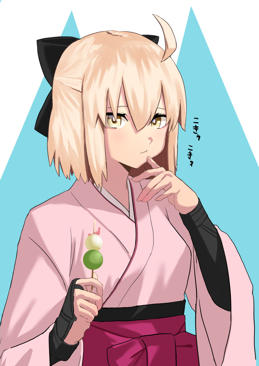 1girl absurdres ahoge bangs black_bow blonde_hair bow cherry_blossoms dango day fate/grand_order fate_(series) floating_hair hair_between_eyes hair_bow hakama highres japanese_clothes kimono koha-ace long_sleeves looking_at_viewer okita_souji_(fate) okita_souji_(fate)_(all) okita_souji_(koha/ace) outdoors petals pink_flower pink_kimono ponzu_0419 red_hakama shiny shiny_hair short_hair smile solo standing wagashi wide_sleeves yellow_eyes