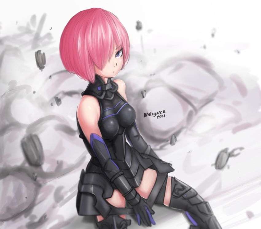 1girl armor bare_shoulders black_armor black_gloves breastplate closed_mouth clouds cloudy_sky commentary_request elbow_gloves eyebrows_visible_through_hair eyes_visible_through_hair fate/grand_order fate_(series) gloves grass hair_over_one_eye highres light_purple_hair looking_at_viewer mash_kyrielight mountain out_of_frame outdoors pov purple_eyes purple_gloves shielder_(fate/grand_order) short_hair two-tone_gloves waligner weapon
