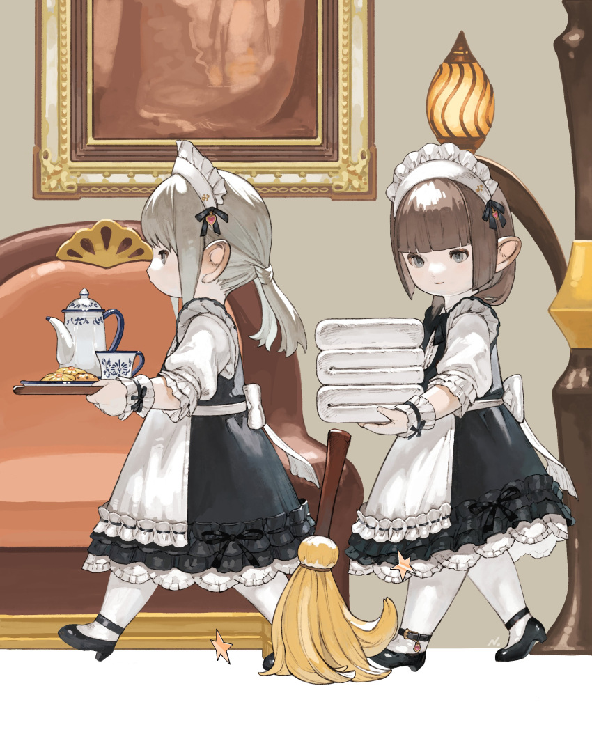 2girls absurdres apron avatar_(ff14) bangs black_dress black_footwear blunt_bangs broom brown_hair cookie couch cup dress final_fantasy final_fantasy_xiv food frilled_dress frilled_sleeves frills from_side full_body grey_eyes highres holding holding_towel holding_tray indoors lalafell light_smile long_hair looking_ahead low_twintails maid maid_apron maid_headdress multiple_girls n122425 painting_(object) pantyhose plate platinum_blonde_hair pointy_ears profile shoes signature tea_set teacup teapot towel tray twintails walking white_legwear wrist_cuffs