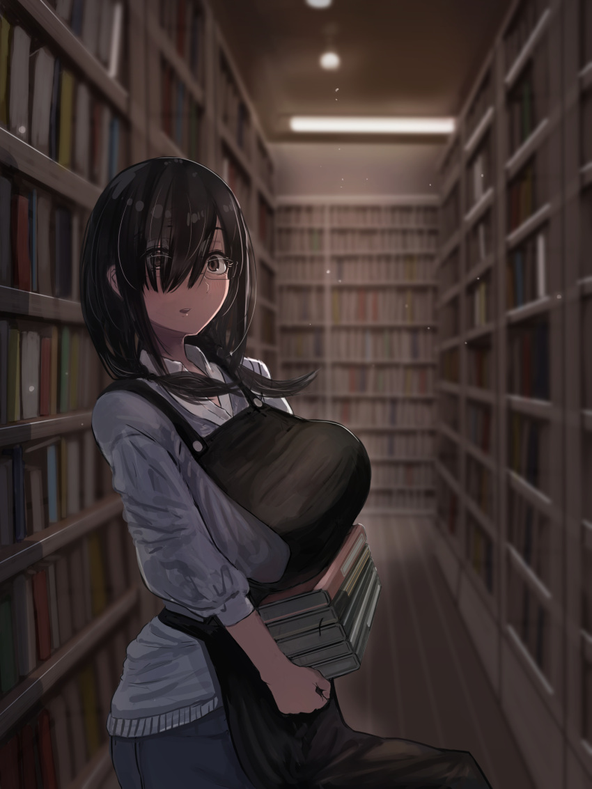 1girl apron black_hair blush book bookstore breast_rest breasts brown_eyes carried_breast_rest carrying denim glasses hair_over_one_eye highres indoors jeans large_breasts long_bangs long_hair looking_at_viewer low_twintails natsuishi_nana open_mouth original pants shop sweater twintails