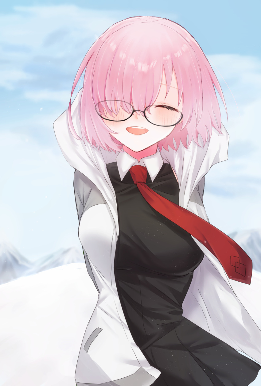 0331haru 1girl bangs bare_shoulders black-framed_eyewear black_dress blush breast_pocket breasts collar collared_dress dress fate/grand_order fate_(series) glasses grey_jacket hair_behind_ear hair_over_one_eye jacket mash_kyrielight medium_breasts necktie pink_hair pleated_dress pocket purple_eyes red_neckwear short_hair sleeveless sleeveless_dress solo undressing wet wet_clothes wet_dress wet_hair wet_jacket white_collar wing_collar