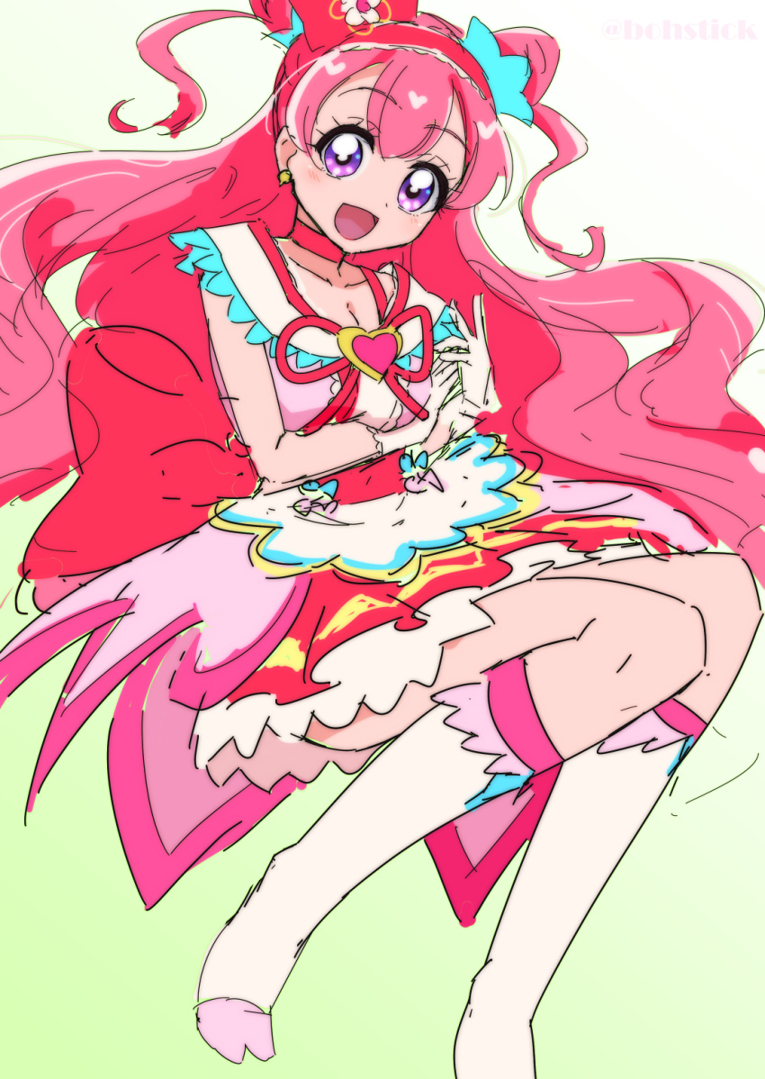 1girl :d blush bohstick choker commentary_request cure_precious delicious_party_precure earrings eyelashes hair_ornament hair_ribbon happy highres jewelry long_hair magical_girl nagomi_yui pink_choker pink_hair pink_theme precure purple_eyes ribbon simple_background sketch smile solo