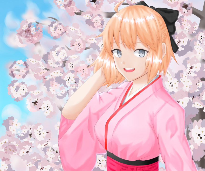 1girl absurdres ahoge bangs black_bow blonde_hair bow cherry_blossoms day dia_(pixiv40989354) fate/grand_order fate_(series) floating_hair hair_between_eyes hair_bow hakama highres japanese_clothes kimono koha-ace long_sleeves looking_at_viewer okita_souji_(fate) okita_souji_(fate)_(all) okita_souji_(koha/ace) outdoors petals pink_flower pink_kimono red_hakama shiny shiny_hair short_hair smile solo standing wagashi wide_sleeves yellow_eyes