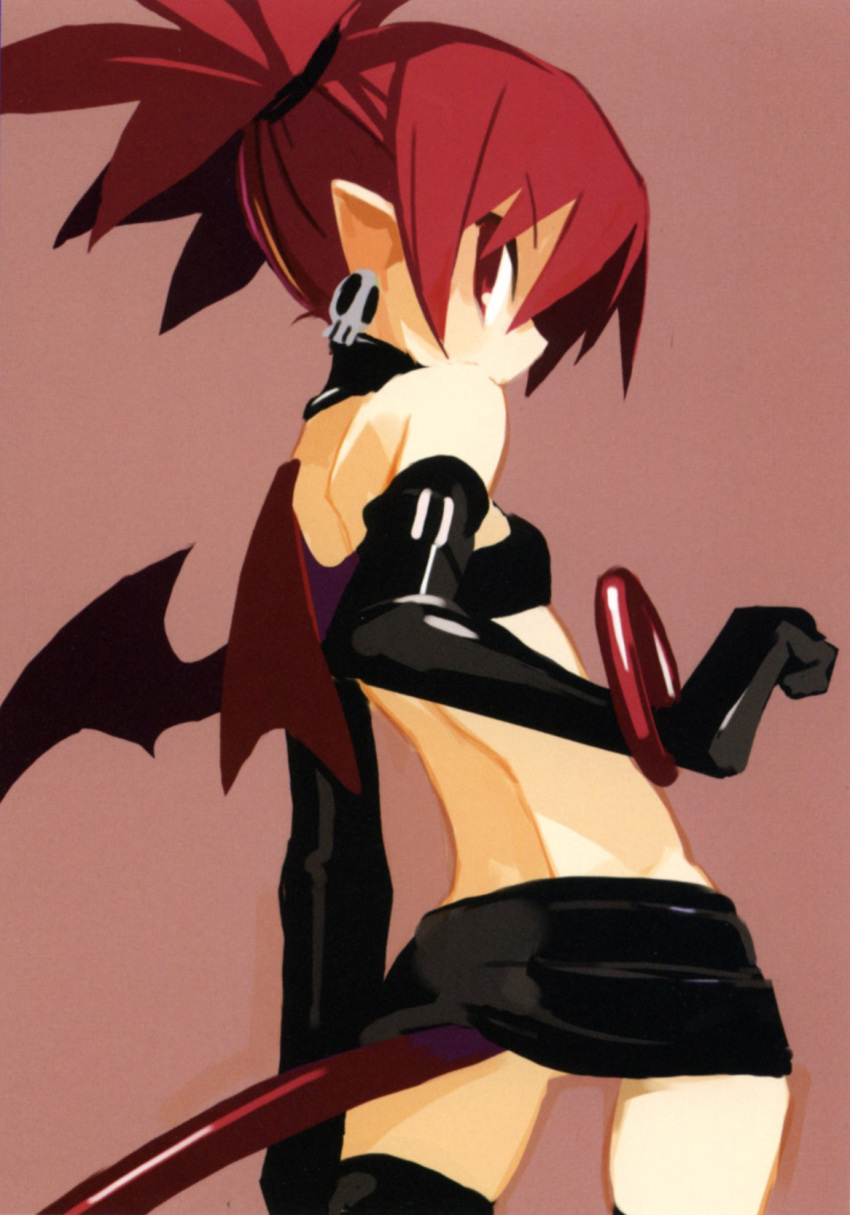 1girl back bangle bare_shoulders black_choker black_gloves black_skirt bracelet choker cowboy_shot demon_girl demon_tail demon_wings disgaea earrings elbow_gloves etna flat_chest from_behind gloves harada_takehito highres jewelry looking_at_viewer looking_back makai_senki_disgaea miniskirt non-web_source official_art pointy_ears profile red_eyes red_wings redhead scan short_twintails shoulder_blades simple_background skirt skull_earrings solo strapless tail thigh-highs tube_top twintails wings