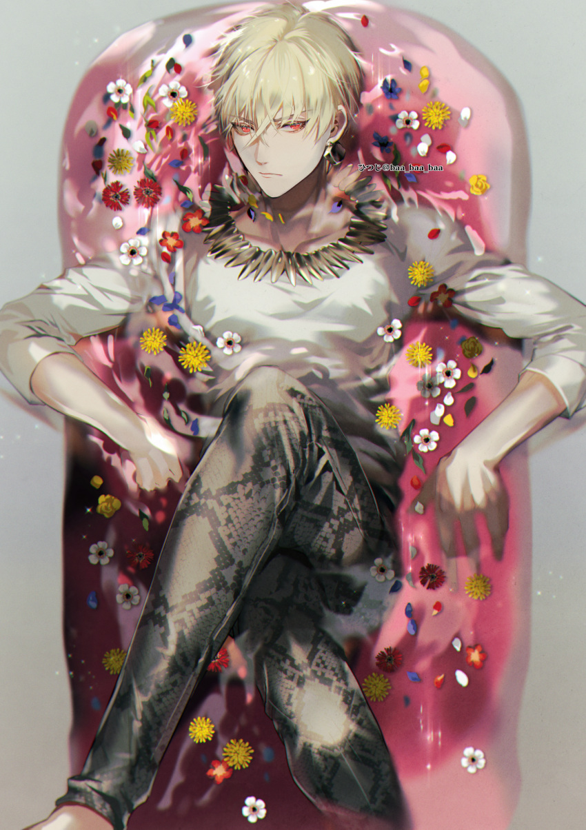 1boy bathing bathtub blonde_hair clothed_bath earrings fate/grand_order fate_(series) flower gilgamesh_(fate) highres jewelry looking_at_viewer male_focus necklace pants red_eyes sakura_hitsuji shirt short_hair signature solo tooth_necklace twitter_username white_shirt