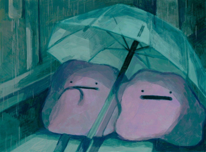 black_eyes closed_mouth dateko_(da0316teko) ditto highres holding holding_umbrella no_humans outdoors pokemon pokemon_(creature) rain solid_circle_eyes symbol-only_commentary transparent transparent_umbrella umbrella