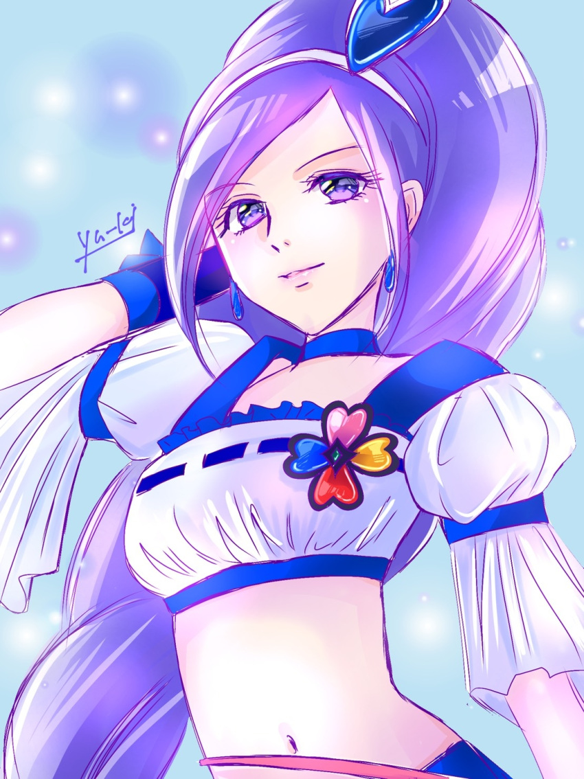 1girl bangs blue_background blue_choker choker crop_top cure_berry earrings eyelashes floating_hair fresh_precure! hair_ornament hairband heart heart_hair_ornament highres jewelry long_hair looking_at_viewer manekineko5319 midriff navel parted_bangs parted_lips ponytail precure purple_hair shiny shiny_hair short_sleeves sketch smile solo stomach upper_body very_long_hair violet_eyes white_hairband