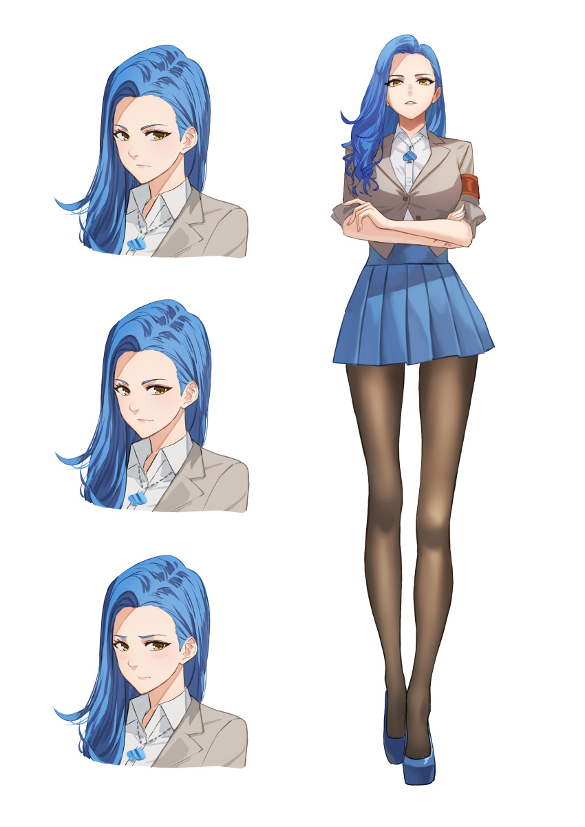 1girl absurdres armband blazer blue_footwear blue_hair blue_skirt breasts brown_eyes collared_shirt crossed_arms expressions forehead frown full_body hara_kenshi high_heels highres jacket jewelry large_breasts legs long_hair looking_at_viewer necklace original pantyhose parted_hair pleated_skirt shirt shirt_tucked_in skirt solo spade_(shape) white_shirt wide_hips yellow_eyes