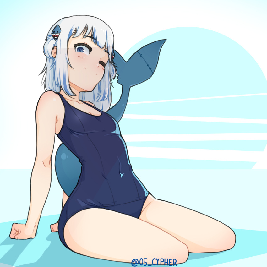 blue_eyes blush breasts cypher_05 fish_tail flat_chest full_body gawr_gura hair_ornament highres hololive hololive_english holomyth multicolored_hair navel one_eye_closed school_swimsuit shark_girl shark_hair_ornament shark_tail silver_hair small_breasts smile solo solo_focus streaked_hair swimsuit tail thighs virtual_youtuber