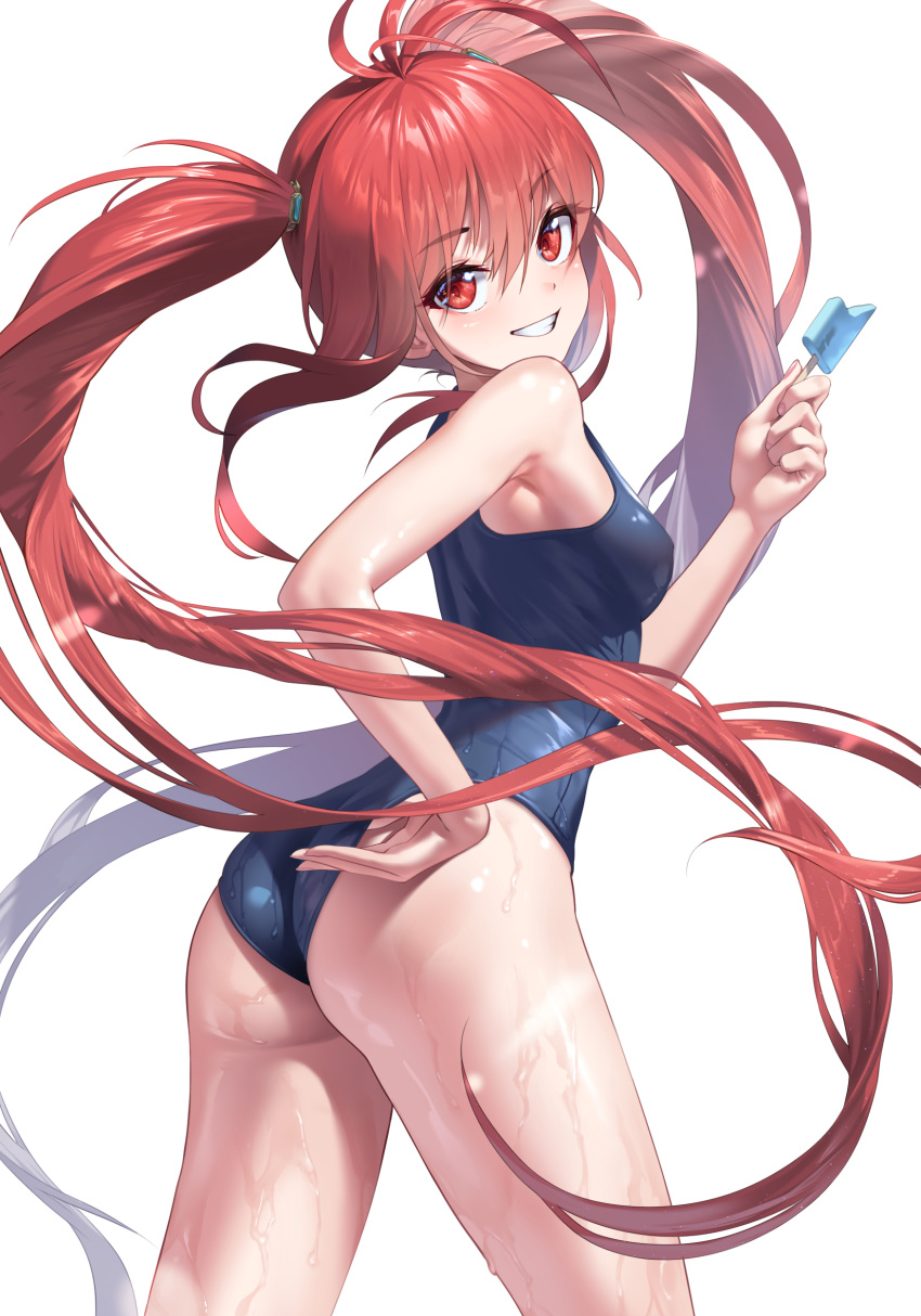 1girl :d absurdres adjusting_clothes adjusting_swimsuit antenna_hair armpits ass bangs bare_arms bare_shoulders black_swimsuit blush breasts competition_swimsuit dungeon_and_fighter eyebrows_visible_through_hair food from_behind grin highres holding holding_food leaning_forward long_hair looking_at_viewer looking_back luts mage_(dungeon_and_fighter) one-piece_swimsuit parted_lips popsicle red_eyes redhead small_breasts smile solo swimsuit teeth thighs twintails very_long_hair wet