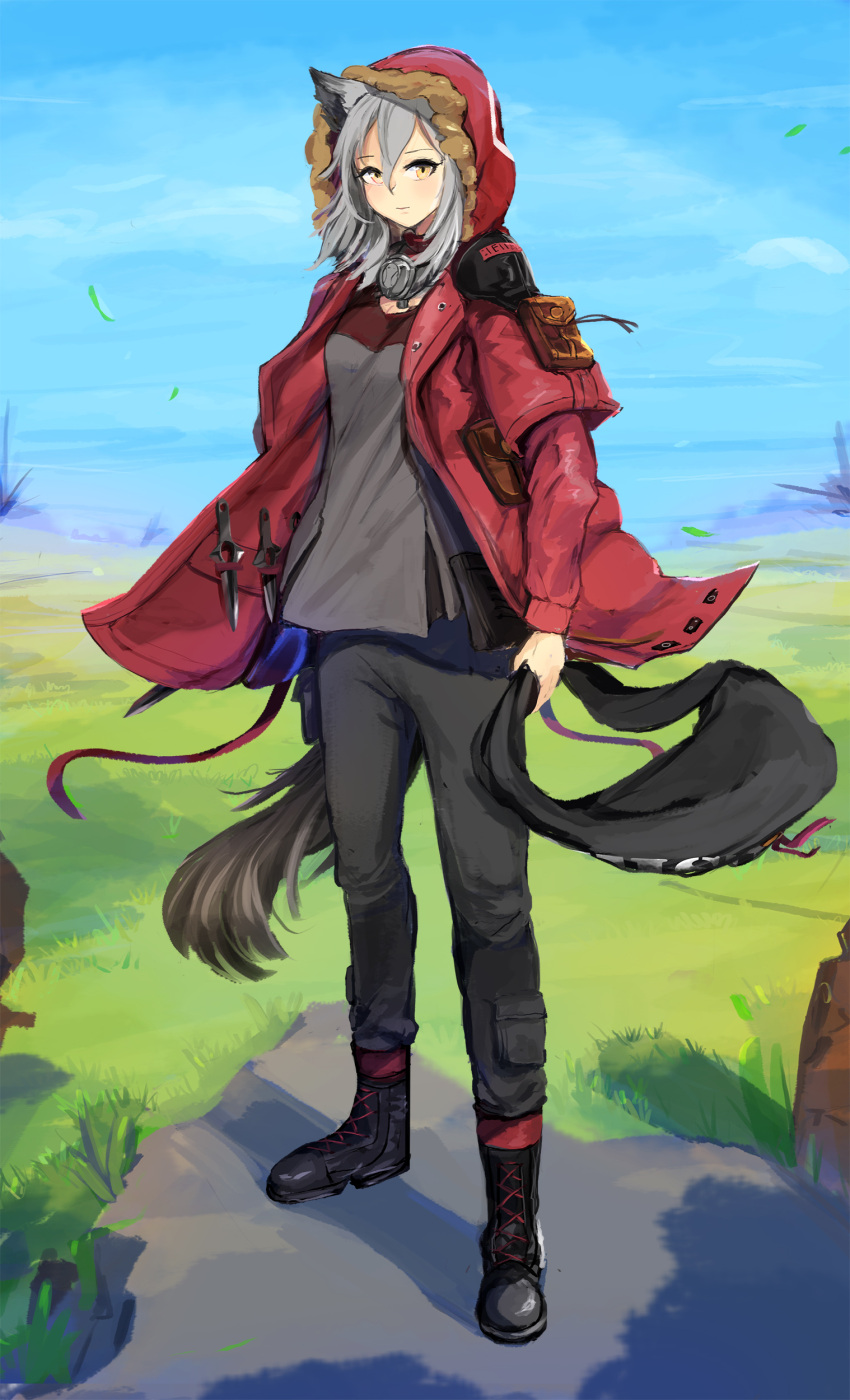 1girl absurdres animal_ear_fluff animal_ears arknights bag black_bag black_footwear breasts closed_mouth eyebrows_visible_through_hair fur-trimmed_hood fur_trim grey_hair highres holding holding_bag hood hood_up hooded_jacket jacket knife knife_holster mask mask_around_neck medium_hair outdoors projekt_red_(arknights) red_jacket solo somray tail weapon wolf_ears wolf_girl wolf_tail yellow_eyes