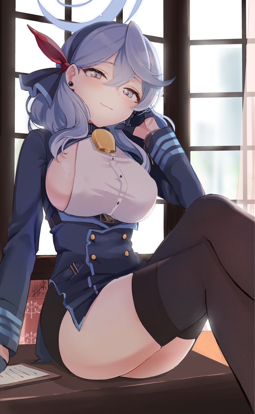 1girl absurdres ako_(blue_archive) bangs bell black_legwear blue_archive blue_eyes blue_gloves blue_hair blush breasts closed_mouth commentary_request crossed_legs desk ear_piercing emirio_(emirio110) gloves hair_between_eyes hairband half_gloves halo highres large_breasts long_sleeves looking_at_viewer medium_hair neck_bell piercing sideboob signature sitting solo thigh-highs window