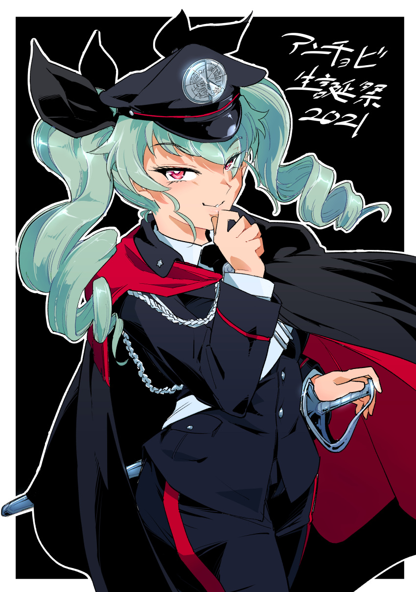 1girl absurdres aiguillette alternate_costume anchovy_(girls_und_panzer) anzio_(emblem) bangs birthday black_bandana black_cape black_headwear black_jacket black_necktie black_pants black_ribbon blazer cape carabinieri character_name closed_mouth commentary_request cowboy_shot dated dress_shirt drill_hair emblem girls_und_panzer green_hair hair_ribbon half-closed_eyes hand_on_own_chin hand_on_weapon hat highres jacket long_hair looking_at_viewer military_hat necktie outline outside_border pants partial_commentary peaked_cap red_cape red_eyes ribbon saber_(weapon) shinkuukan_(tetsuo3) shirt single_vertical_stripe smile solo standing sword translated twin_drills twintails two-sided_cape two-sided_fabric weapon white_outline white_shirt