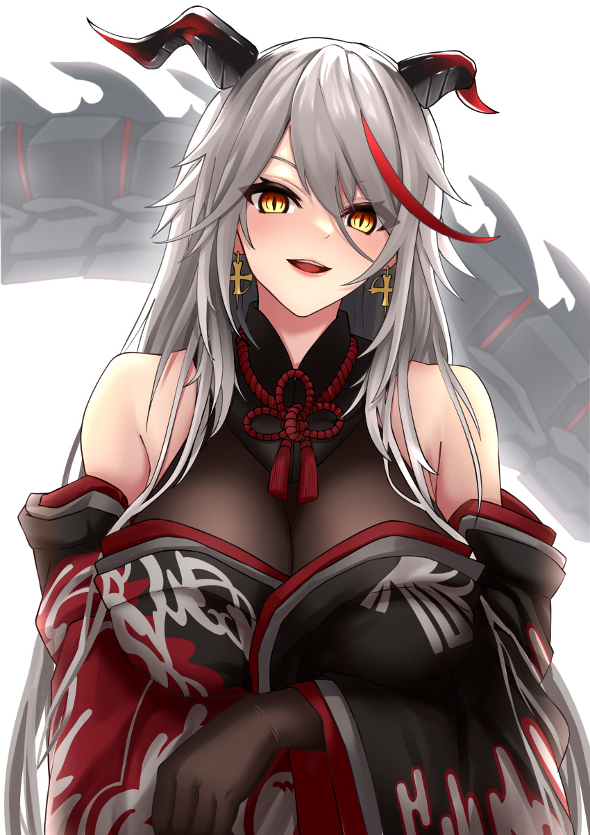 1girl absurdres aegir_(housamo) alternate_costume asahina_tou azur_lane black_gloves black_kimono bodystocking breasts demon_horns earrings elbow_gloves gloves grey_hair hair_between_eyes highres horns japanese_clothes jewelry kimono large_breasts looking_at_viewer mechanical_animal redhead simple_background solo upper_body white_background wide_sleeves yellow_eyes
