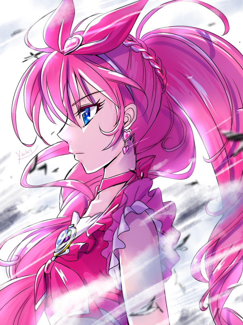 1girl bangs blue_eyes bow bow_hairband bowtie braid choker closed_mouth cure_melody earrings eyebrows_visible_through_hair from_side frown hair_between_eyes hair_bow hairband heart heart_earrings highres jewelry long_hair manekineko5319 pink_bow pink_bowtie pink_hair precure red_bow red_choker sleeveless solo suite_precure twintails upper_body very_long_hair white_hairband