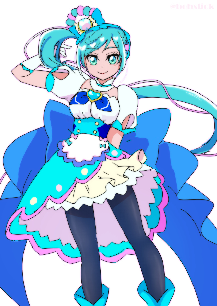 1girl blue_dress blue_neckerchief bohstick breasts cure_spicy delicious_party_precure dress elbow_gloves eyebrows_visible_through_hair fuwa_kokone gloves green_eyes hair_between_eyes hair_bun heart_bow heart_brooch highres jewelry long_hair looking_at_viewer magical_girl medium_breasts neckerchief precure puffy_short_sleeves puffy_sleeves short_sleeves simple_background smile solo two-tone_background upper_body white_background white_dress white_gloves
