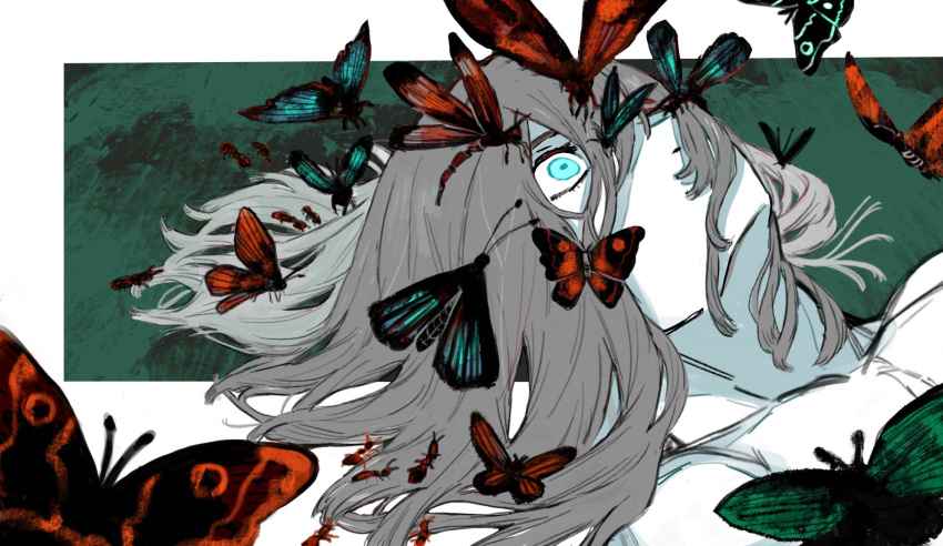 1boy bangs blue_eyes bug butterfly butterfly_wings cape covered_mouth fate/grand_order fate_(series) fur-trimmed_cape fur_trim grey_hair hair_between_eyes highres insect_wings long_hair lying male_focus nekoyamasd oberon_(fate) one_eye_covered solo wings