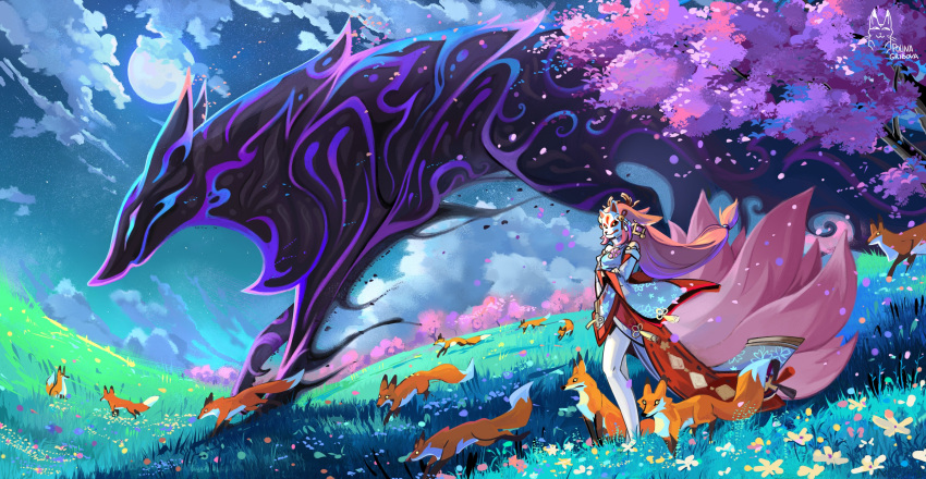1girl absurdres animal_ears bangs bare_legs bare_shoulders cherry_blossoms clouds cloudy_sky crossed_arms detached_sleeves earrings english_commentary falling_petals field flower flower_field fox fox_ears fox_girl fox_mask fox_tail full_body full_moon genshin_impact grass gribovap headgear highres japanese_clothes jewelry kimono kitsune long_hair long_sleeves low-tied_long_hair mask miko monster moon multiple_tails night obi outdoors petals pink_hair priestess print_sleeves sash short_kimono sky solo standing tail tassel too_many_foxes tree wide_sleeves yae_(genshin_impact)