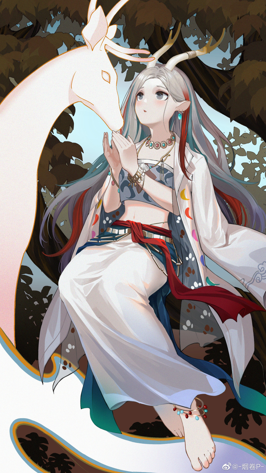 1girl a_deer_of_nine_colors absurdres animal_ear_fluff anklet antlers arknights artist_name barefoot blue_hair blush bracelet chinese_commentary cigarette_p commentary_request crop_top day deer earrings full_body grey_eyes highres in_tree jacket jacket_on_shoulders jewelry long_hair long_skirt looking_up midriff multicolored_hair navel necklace nine-colored_deer open_clothes open_jacket outdoors redhead silver_hair skirt solo tree very_long_hair weibo_username white_jacket