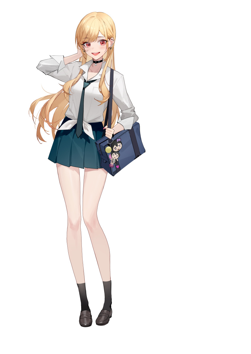 1girl :d absurdres arm_up bag black_choker black_legwear blonde_hair blouse blue_background brown_footwear carrying_bag choker collared_blouse commentary_request ear_piercing earrings full_body green_necktie green_skirt hand_in_hair highres jewelry kitagawa_marin long_hair long_legs luozhou_pile miniskirt necktie open_mouth piercing pleated_skirt red_eyes school_bag school_uniform shirt_tucked_in shoes simple_background skirt smile socks solo sono_bisque_doll_wa_koi_wo_suru teeth upper_teeth very_long_hair white_background white_blouse