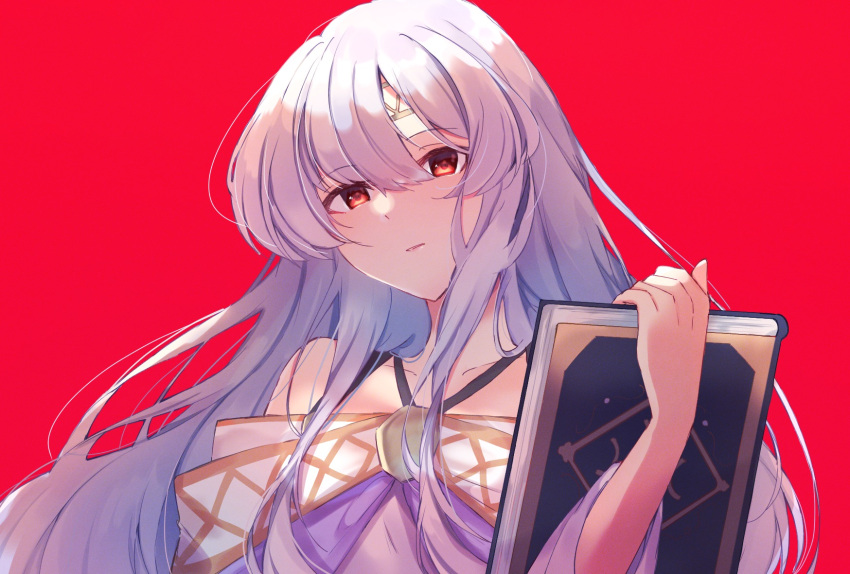 1girl bare_shoulders book circlet collarbone dark_persona dress edamameoka fire_emblem fire_emblem:_genealogy_of_the_holy_war fire_emblem_heroes gloves highres holding holding_book julia_(fire_emblem) light_purple_hair long_hair long_sleeves looking_at_viewer red_background red_eyes red_gloves red_theme serious simple_background solo upper_body very_long_hair