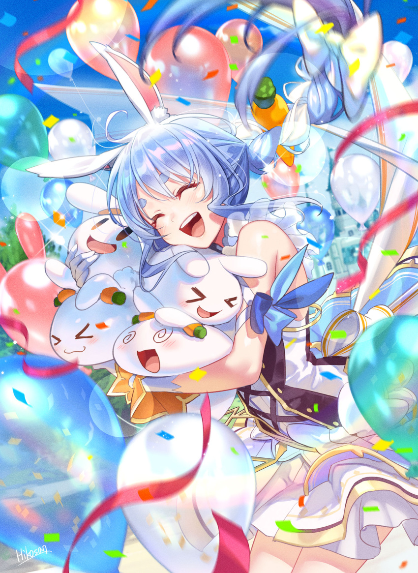 &gt;_&lt; 1girl :d @_@ ^_^ animal_ear_fluff animal_ears animal_hug artist_name balloon bangs bare_shoulders blue_hair blush bow braid carrot_hair_ornament closed_eyes commentary_request confetti cowboy_shot creature day dress floating_hair food-themed_hair_ornament gloves hair_bow hair_ornament highres hikosan holding holding_creature hololive long_hair multicolored_hair nousagi_(usada_pekora) outdoors rabbit_ears short_eyebrows smile solo streaked_hair teeth thick_eyebrows upper_teeth usada_pekora virtual_youtuber white_bow white_dress white_gloves white_hair xd