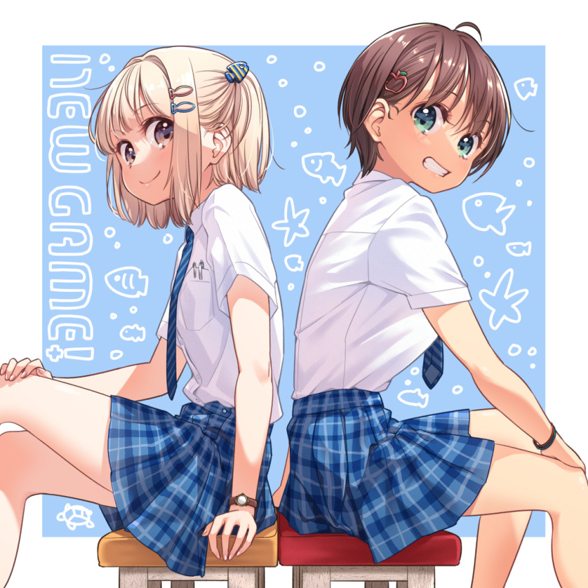 2girls ahoge air_bubble animal_hair_ornament apple_hair_ornament aqua_eyes arm_support back-to-back backlighting bangs blonde_hair blue_background blue_necktie blue_skirt blunt_bangs blush bob_cut border breast_pocket brown_eyes brown_hair bubble bubble_background c: closed_mouth collared_shirt copyright_name crossed_legs dark-skinned_female dark_skin diagonal_stripes dot_nose dress_shirt eyebrows_visible_through_hair feet_out_of_frame fish_hair_ornament food-themed_hair_ornament from_side grin hair_behind_ear hair_between_eyes hair_intakes hair_ornament hairclip hand_on_own_knee high-waist_skirt iijima_yun looking_at_viewer looking_to_the_side miniskirt multiple_girls necktie new_game! official_art on_stool one_side_up outside_border parted_lips plaid plaid_skirt pleated_skirt pocket school_uniform shade shinoda_hajime shiny shiny_hair shirt shirt_tucked_in short_hair short_sleeves sitting skirt smile split_mouth stool striped striped_necktie tareme tented_shirt tokunou_shoutarou watch watch white_border white_shirt wing_collar wristband