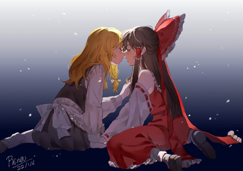 2girls aihara-rina bare_shoulders blonde_hair blush bow brown_hair closed_eyes detached_sleeves face-to-face full_body gradient gradient_background hair_bow hair_tubes hakurei_reimu highres imminent_kiss kirisame_marisa long_hair long_sleeves multiple_girls no_hat no_headwear parted_lips profile sidelocks simple_background sitting touhou very_long_hair yuri