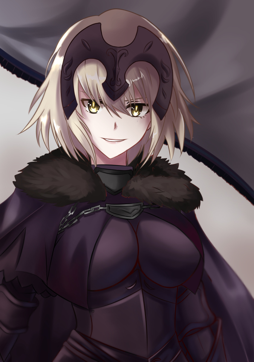 1girl armor armored_dress banner black_ribbon blonde_hair blue_eyes braid eyebrows_visible_through_hair fate/apocrypha fate/grand_order fate_(series) gauntlets highres jeanne_d'arc_(fate) jeanne_d'arc_(fate)_(all) long_hair low-tied_long_hair midomine ponytail purple_legwear ribbon ruler_(fate/apocrypha) sheath sheathed single_braid smile solo standing sword thigh-highs very_long_hair weapon