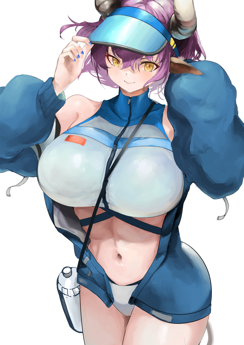 1girl absurdres animal_ears arknights bangs bare_shoulders blue_headwear blue_jacket blue_nails blush bottle breasts closed_mouth covered_collarbone cow_ears cow_girl cow_horns cow_tail cowboy_shot crop_top eyebrows_visible_through_hair hand_on_headwear highres horns huge_breasts jacket kajuu long_sleeves looking_at_viewer nail_polish navel off_shoulder official_alternate_costume open_clothes open_jacket puffy_long_sleeves puffy_sleeves sideroca_(arknights) sideroca_(light_breeze)_(arknights) simple_background smile solo stomach tail v-shaped_eyebrows visor_cap white_background yellow_eyes