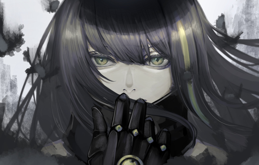 bangs black_hair brown_eyes close-up closed_mouth commentary english_commentary eyebrows girls_frontline green_hair grey_background hand_to_own_mouth highres long_hair looking_at_viewer m4a1_(girls'_frontline) mechanical_hands multicolored_background multicolored_hair nemuneeeeeeeemu scarf shiny sidelocks single_mechanical_hand streaked_hair white_background