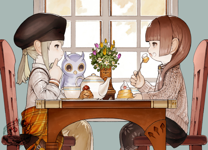 2girls artist_name avatar_(ff14) bangs bird black_headwear black_legwear black_skirt blonde_hair blunt_bangs bracelet brown_hair chair cup eating eye_contact feet_out_of_frame final_fantasy final_fantasy_xiv finger_to_cheek flower food food_on_face fork from_side grey_eyes grey_sweater hat highres holding holding_fork jewelry lalafell looking_at_another multiple_girls n122425 on_chair open_mouth owl pantyhose plate pointy_ears profile shirt sitting skirt smile sweater table tea_set teacup teapot twintails white_shirt window
