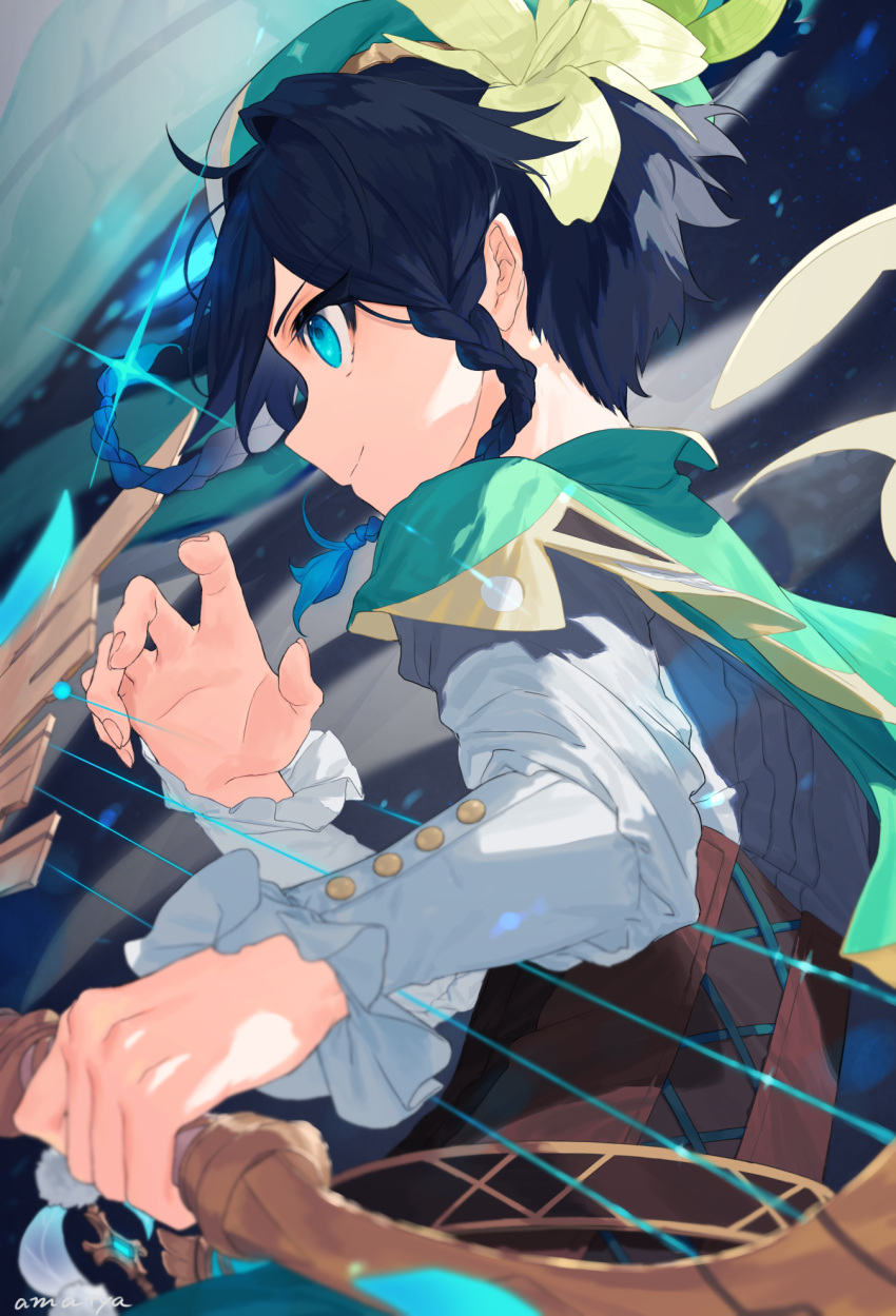 1boy amatya androgynous bangs beret black_hair blue_hair bow_(weapon) braid cape closed_mouth collared_cape collared_shirt commentary_request corset eyebrows_visible_through_hair flower frilled_sleeves frills from_side genshin_impact gradient_hair green_cape green_eyes green_headwear hair_flower hair_ornament hat highres holding holding_bow_(weapon) holding_weapon leaf long_sleeves male_focus multicolored_hair shirt short_hair_with_long_locks side_braids sidelocks smile solo sparkle twin_braids venti_(genshin_impact) weapon white_flower white_shirt