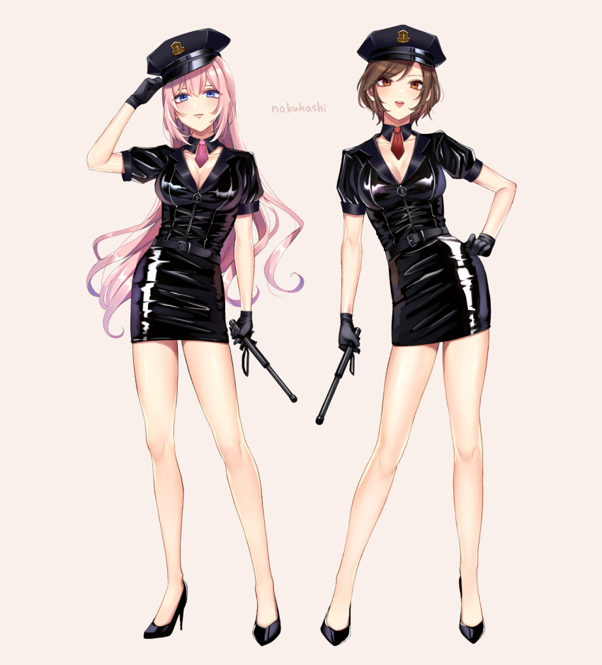 2girls baton_(weapon) brown_hair gloves hat high_heels highres megurine_luka meiko multiple_girls nokuhashi pink_hair police police_hat police_uniform policewoman standing uniform vocaloid weapon