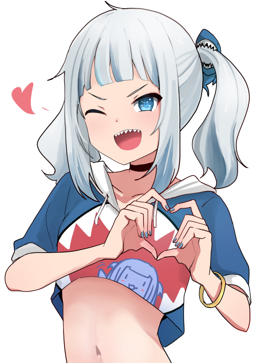 1girl ;d bangs blue_eyes blue_hair blue_nails blunt_bangs bracelet choker gawr_gura h2o_(ddks2923) heart highres hololive hololive_english jewelry looking_at_viewer midriff navel one_eye_closed sharp_teeth side_ponytail simple_background smile solo teeth virtual_youtuber white_background