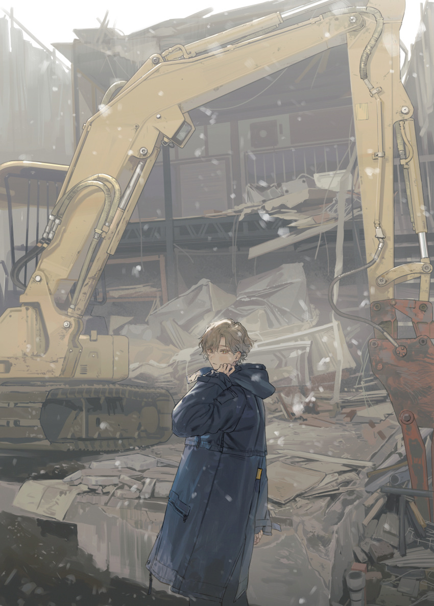1boy arm_at_side bangs blonde_hair blue_coat brick building cityscape clenched_hand closed_mouth coat construction_site destruction excavator floor green_eyes hand_up highres hooded_coat house long_sleeves looking_at_viewer looking_back messy_hair orexxxo original scenery short_hair snow snowflakes snowing solo trench_coat