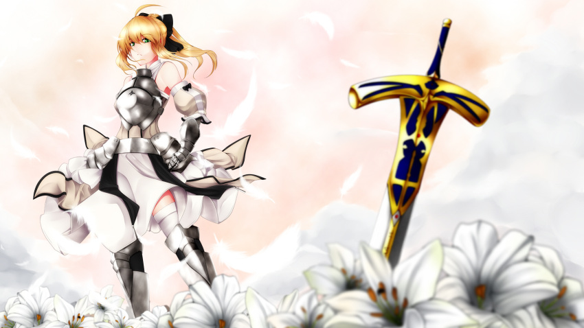 1girl armor armored_dress artoria_pendragon_(all) black_bow blonde_hair blue_sky bow breastplate caliburn dress eyebrows_visible_through_hair fate/grand_order fate/unlimited_codes fate_(series) faulds floating_hair gauntlets green_eyes hair_between_eyes hair_bow hands_on_hilt highres long_hair looking_at_viewer mayura1030 outdoors petals ponytail saber_lily signature sleeveless sleeveless_dress solo standing white_dress