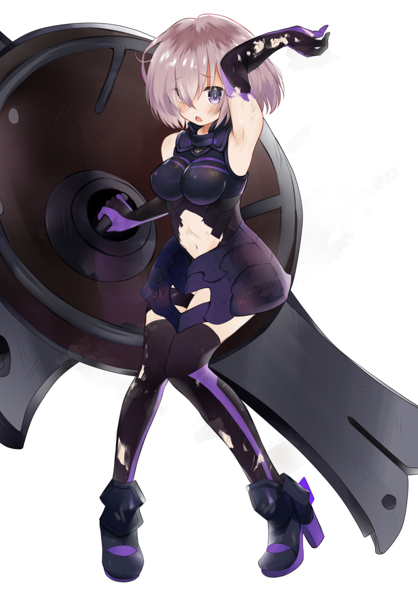 1girl armor armored_dress bare_shoulders breasts elbow_gloves eyebrows_visible_through_hair fate/grand_order fate_(series) gloves knees_together_feet_apart lavender_eyebrows lavender_hair looking_at_viewer mash_kyrielight medium_breasts niseneko21 purple_gloves shield shielder_(fate/grand_order) short_hair smile solo thigh-highs type-moon violet_eyes