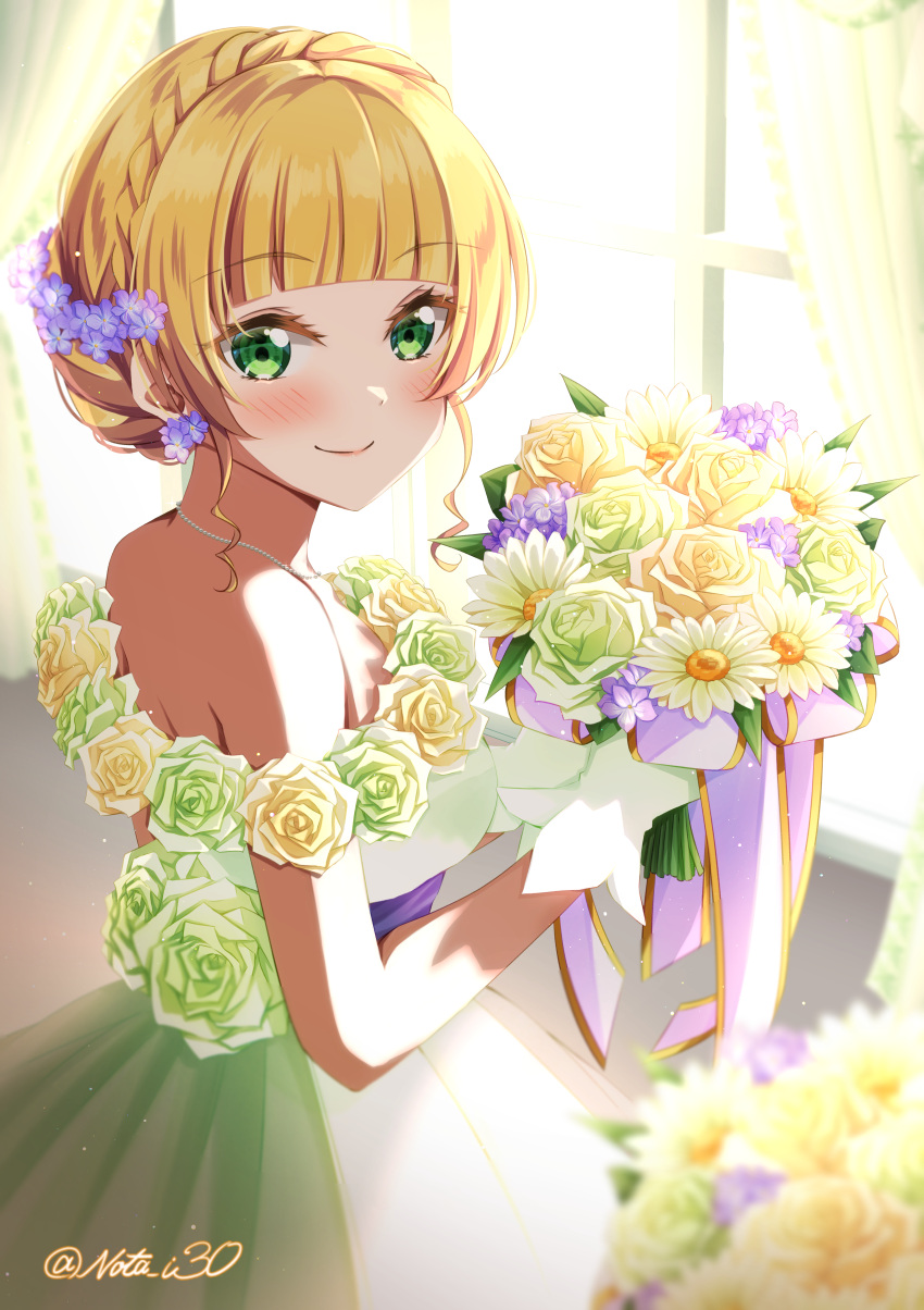 1girl absurdres alternate_hairstyle blonde_hair blush bouquet daisy dress flower from_side green_eyes hair_flower hair_ornament heanna_sumire highres holding holding_bouquet light looking_at_viewer looking_back love_live! love_live!_superstar!! nota_ika off-shoulder_dress off_shoulder purple_flower purple_rose rose smile solo twitter_username white_dress white_flower white_rose window yellow_flower yellow_rose