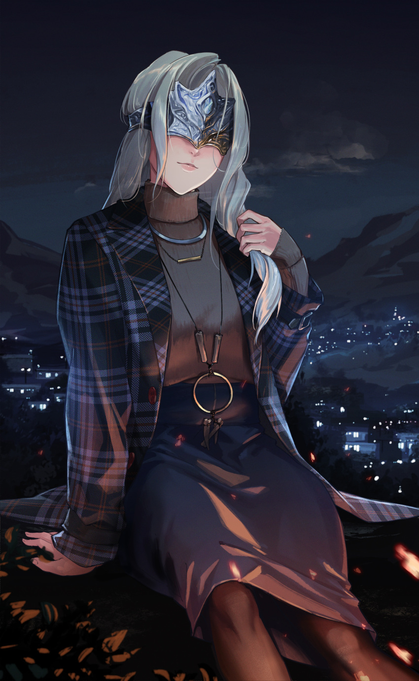 1girl alternate_costume blindfold brown_legwear brown_sweater city city_lights clouds commentary_request contemporary covered_eyes dark_souls_(series) dark_souls_iii fire_keeper grey_hair hand_in_hair highres hiko_(hiko224556) jacket jewelry lips long_hair mask masked mountain necklace night night_sky open_clothes open_jacket outdoors pantyhose pink_lips plaid plaid_jacket purple_skirt sitting skirt sky smile solo sweater turtleneck turtleneck_sweater