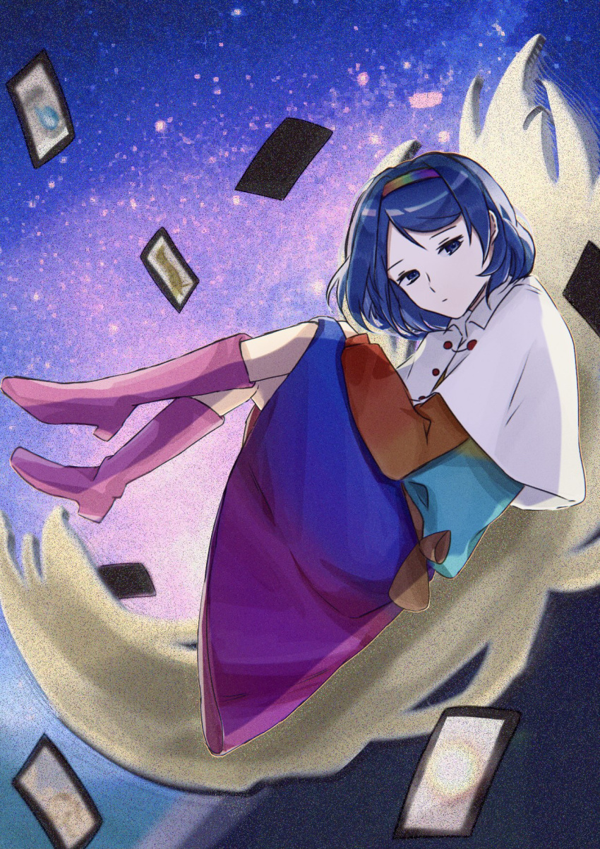 1girl blue_eyes blue_hair boots capelet card dress highres kt_aph long_sleeves multicolored_clothes multicolored_dress multicolored_hairband patchwork_clothes purple_footwear rainbow_gradient red_button short_hair sky_print tenkyuu_chimata touhou white_capelet yellow_bag