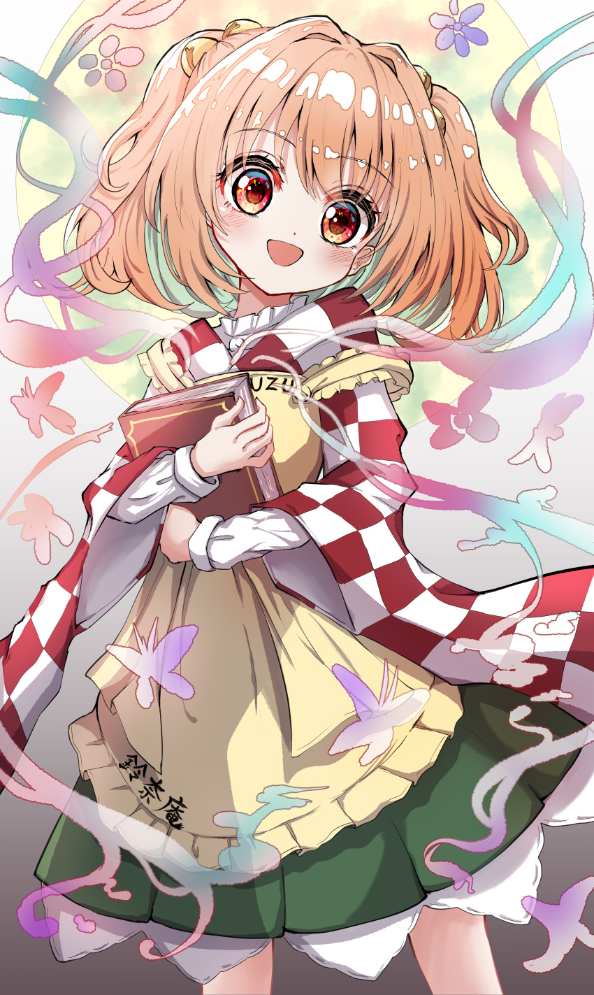 1girl absurdres apron bell blush book bug butterfly checkered_clothes checkered_kimono clothes_writing eyebrows_visible_through_hair hair_bell hair_between_eyes hair_ornament highres holding holding_book japanese_clothes kayon_(touzoku) kimono long_sleeves motoori_kosuzu open_mouth red_eyes redhead short_hair smile solo touhou two_side_up wide_sleeves yellow_apron