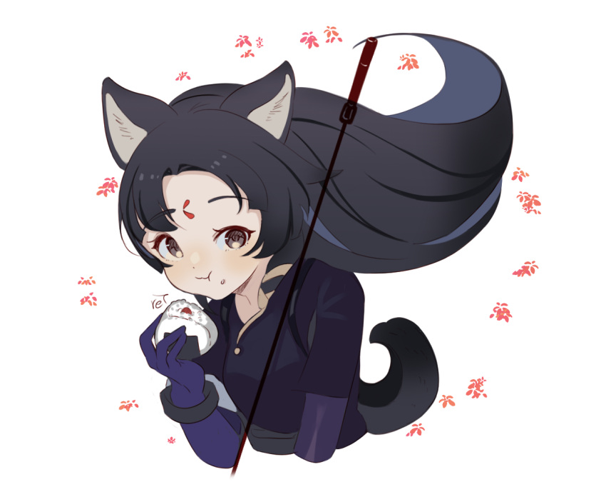 1girl animal_ears arknights arm_at_side bangs black_hair closed_mouth commentary_request dog_ears dog_tail eating eyebrows_visible_through_hair floral_background food food_on_face gloves green_eyes hair_lift hand_up holding holding_polearm holding_weapon infection_monitor_(arknights) japanese_clothes kimono light_blush light_smile long_hair looking_at_viewer onigiri parted_bangs polearm retxoxt rice rice_on_face saga_(arknights) short_sleeves signature simple_background solo tail upper_body weapon white_background