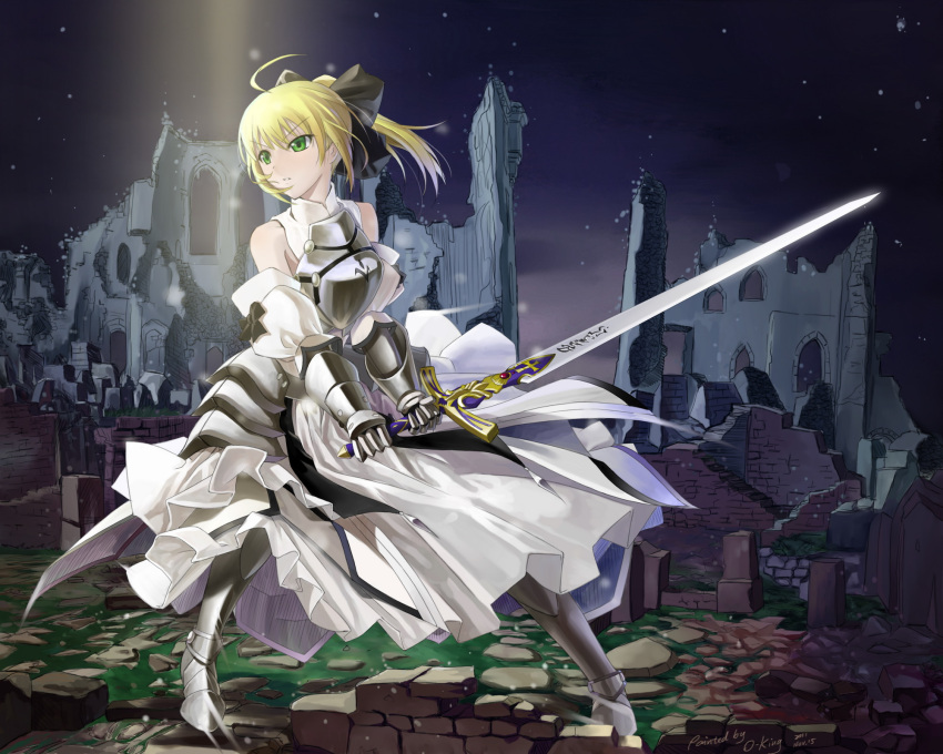 1girl armor armored_dress artoria_pendragon_(all) black_bow blonde_hair blue_sky bow breastplate caliburn dress eyebrows_visible_through_hair fate/grand_order fate/unlimited_codes fate_(series) faulds floating_hair gauntlets green_eyes hair_between_eyes hair_bow hands_on_hilt highres long_hair looking_at_viewer okingjo outdoors petals ponytail saber_lily signature sleeveless sleeveless_dress solo standing white_dress
