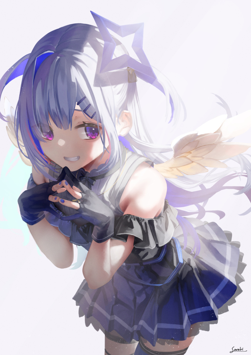 1girl amane_kanata angel angel_wings bangs bare_shoulders black_gloves blue_dress blue_hair blue_nails commentary_request dress eyes_visible_through_hair gloves grin hair_ornament hairclip halo highres hololive leaning_forward long_hair multicolored_hair nail_polish partially_fingerless_gloves pink_hair pleated_dress saraki sideways_glance silver_hair simple_background smile solo standing star_halo steepled_fingers streaked_hair thigh-highs very_long_hair violet_eyes virtual_youtuber wings